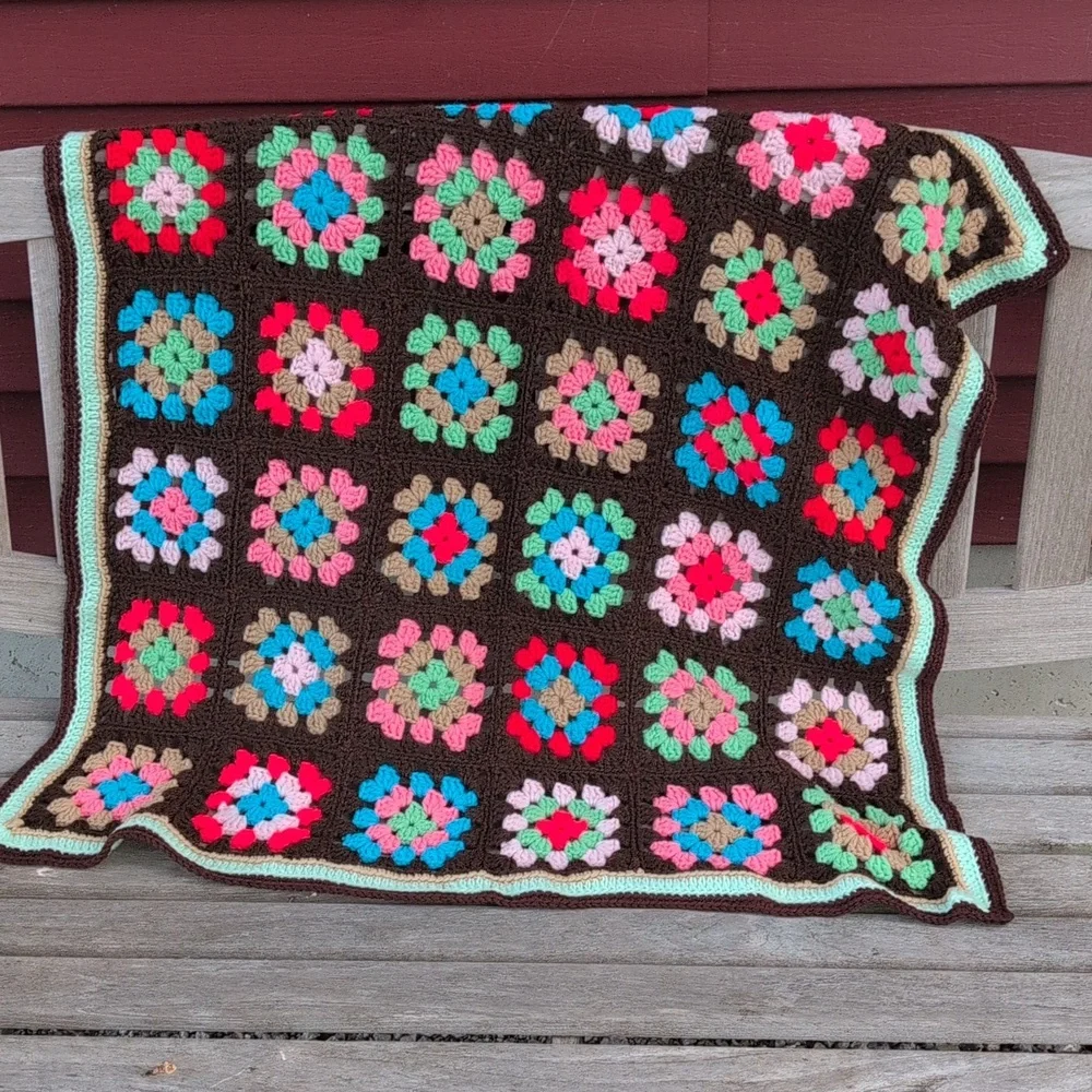 Colorful Crochet Granny Square Blanket Vintage Lap Throw Decoration